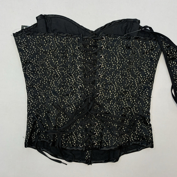 iCollection Boudior Lace Corset Thong Set Sz 36 Black Gold Brocade Pin Up Glam - Picture 3 of 16